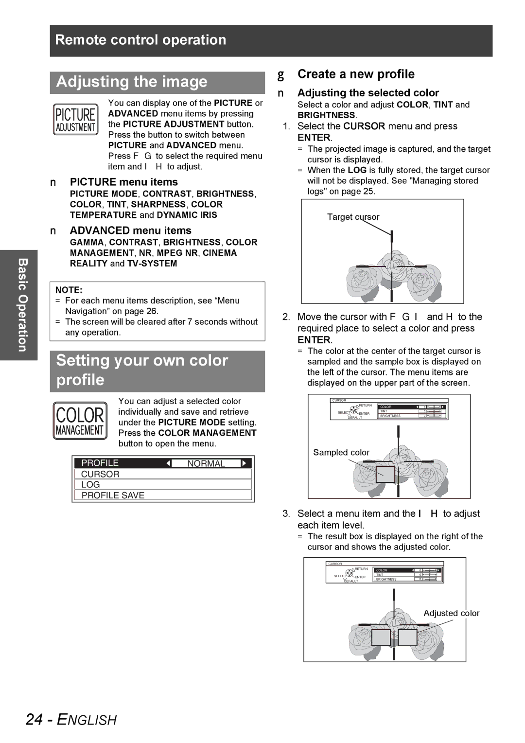 Panasonic PT-AX100U manual Adjusting the image, Setting your own color profile, Create a new profile 