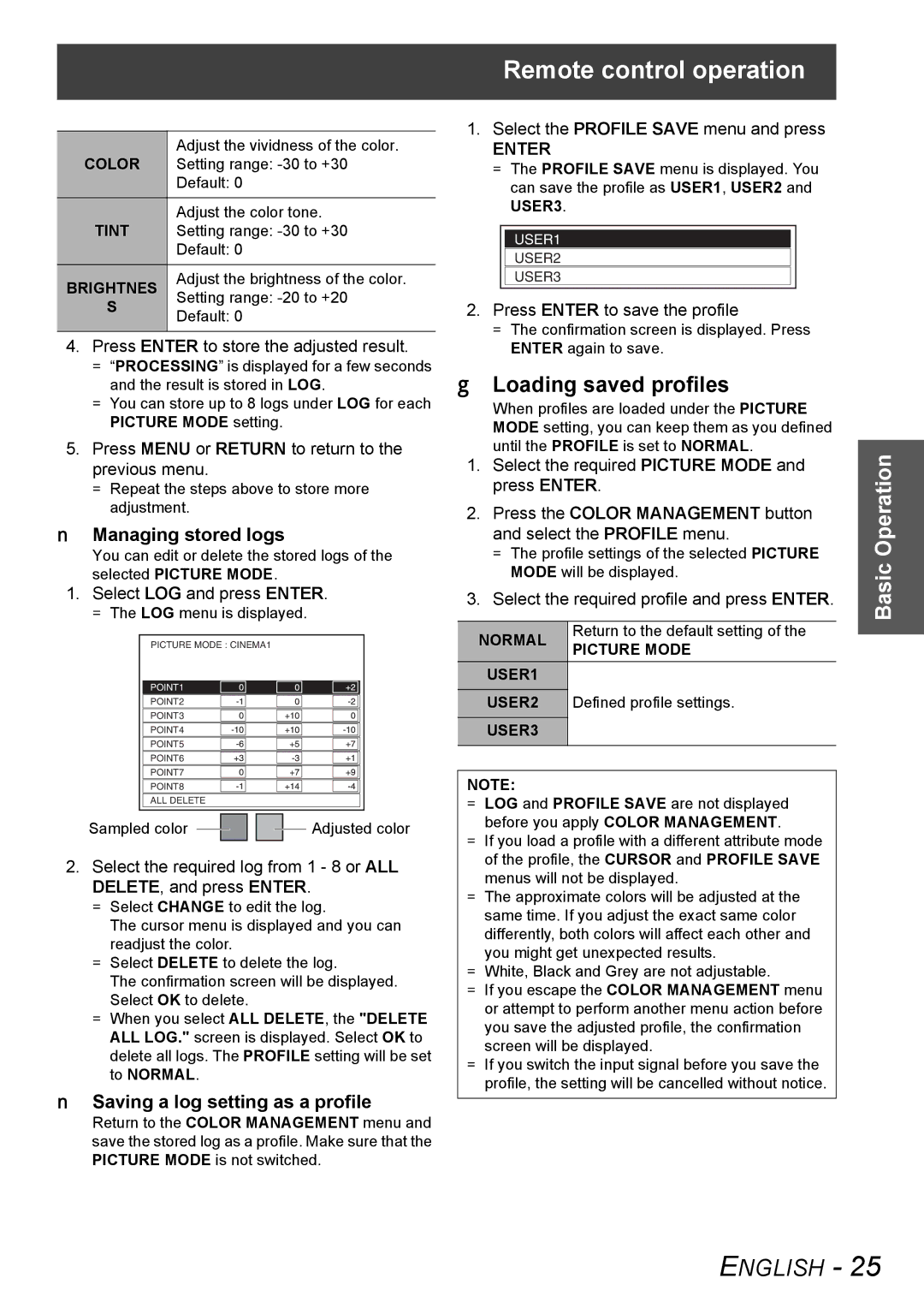 Panasonic PT-AX100U manual Loading saved profiles, Managing stored logs, Saving a log setting as a profile 