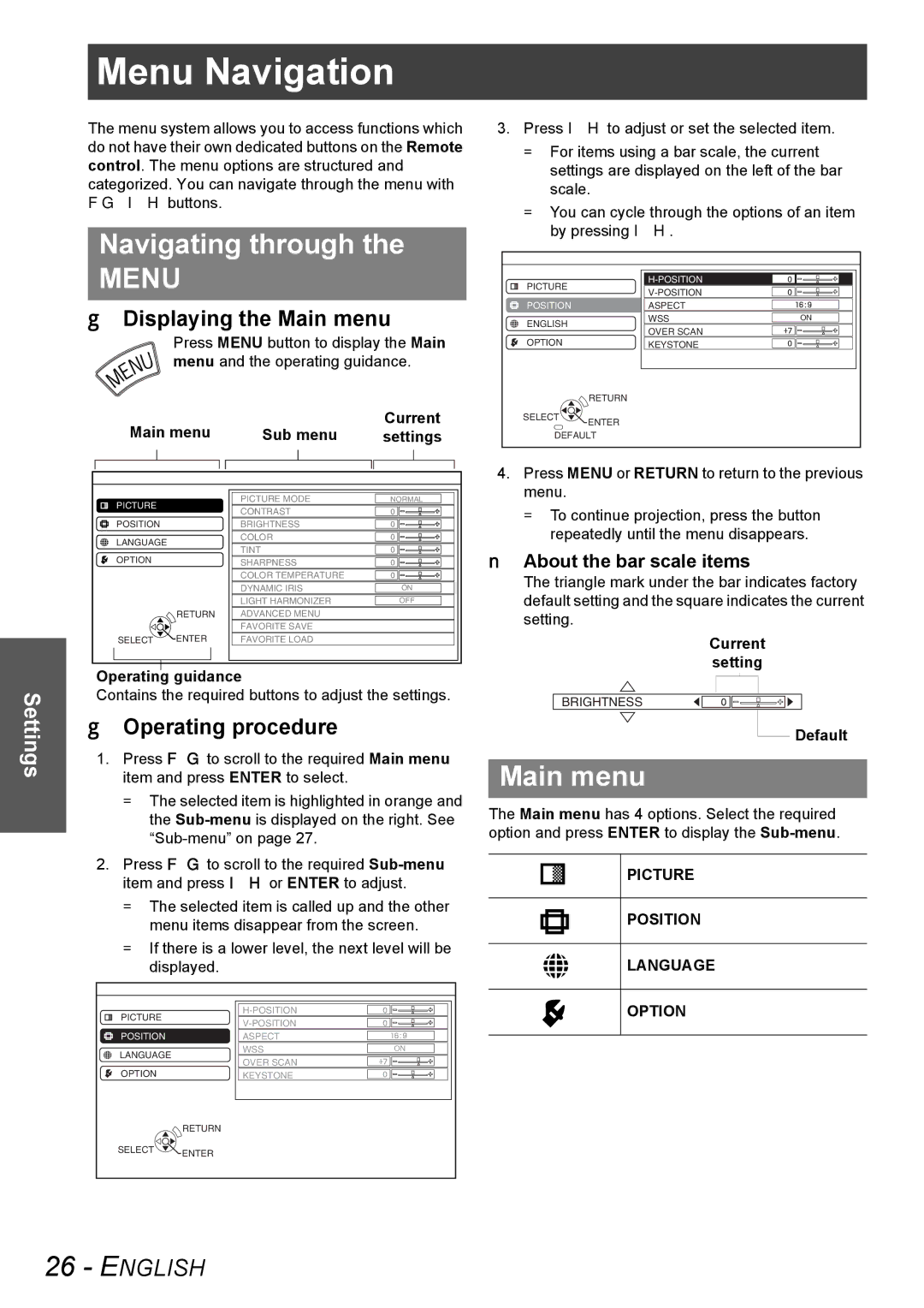 Panasonic PT-AX100U manual Menu Navigation, Navigating through, Main menu 