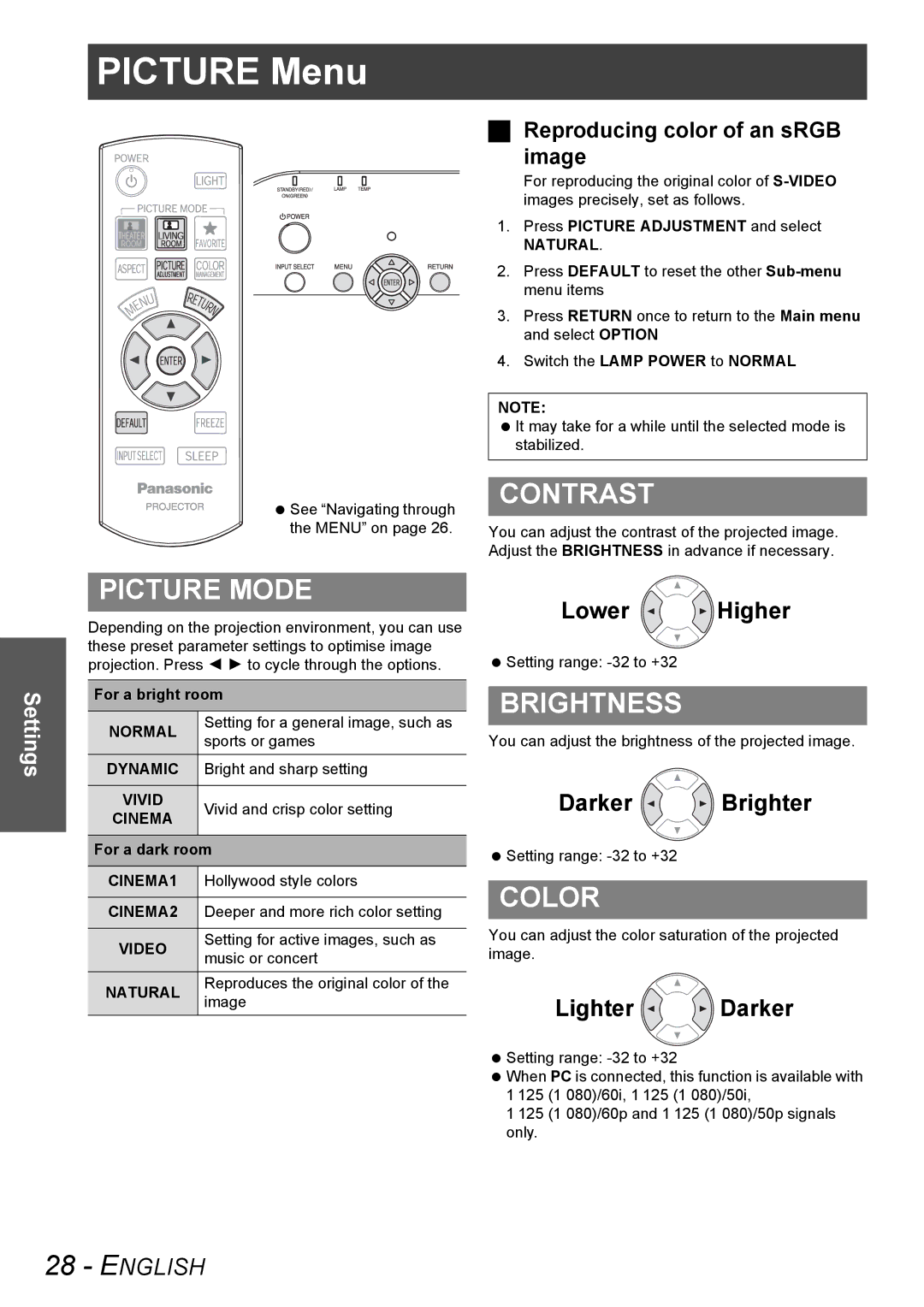 Panasonic PT-AX100U manual Picture Menu, Contrast, Picture Mode, Brightness, Color 