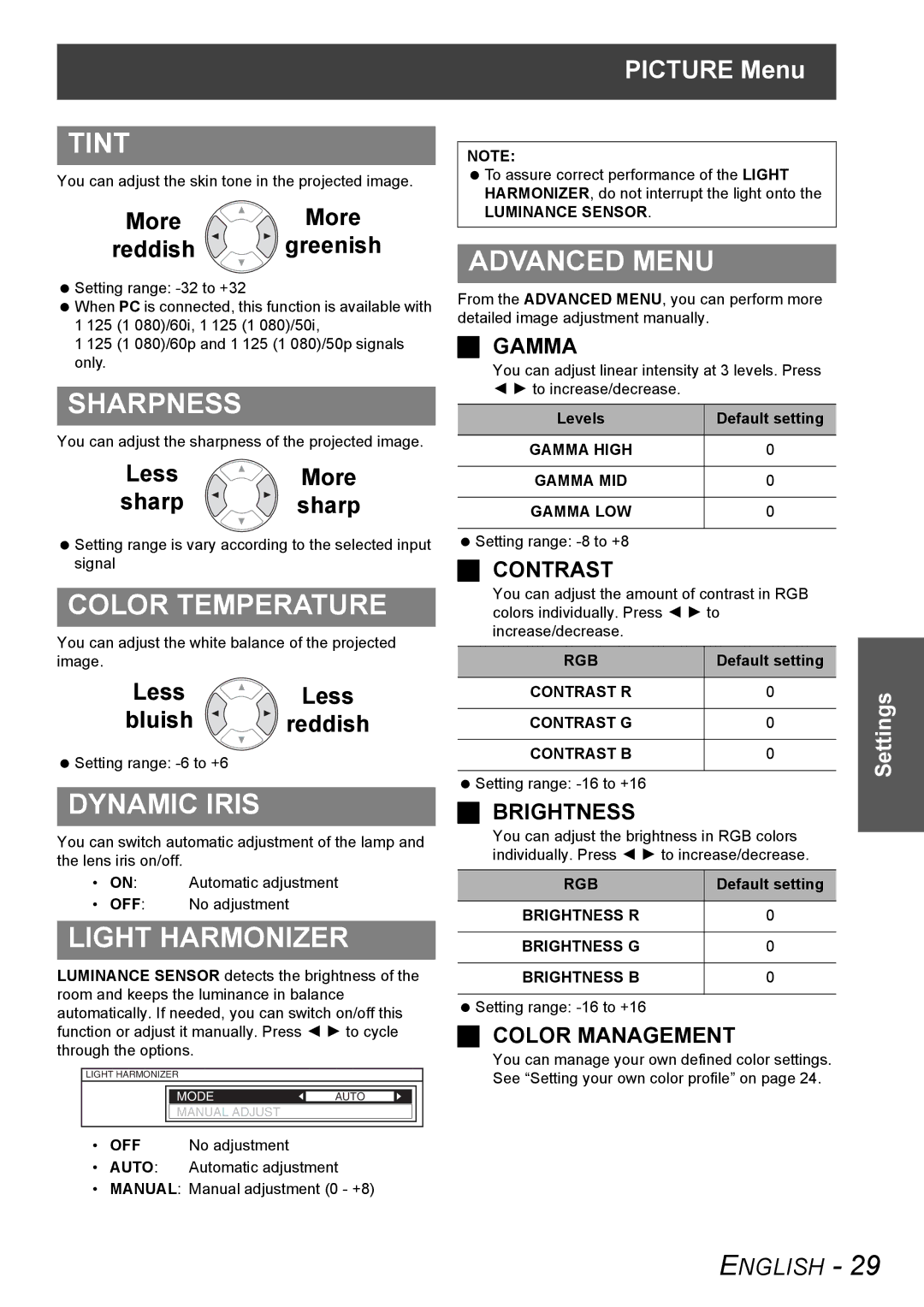 Panasonic PT-AX100U manual Tint, Sharpness, Color Temperature, Dynamic Iris, Light Harmonizer, Advanced Menu 