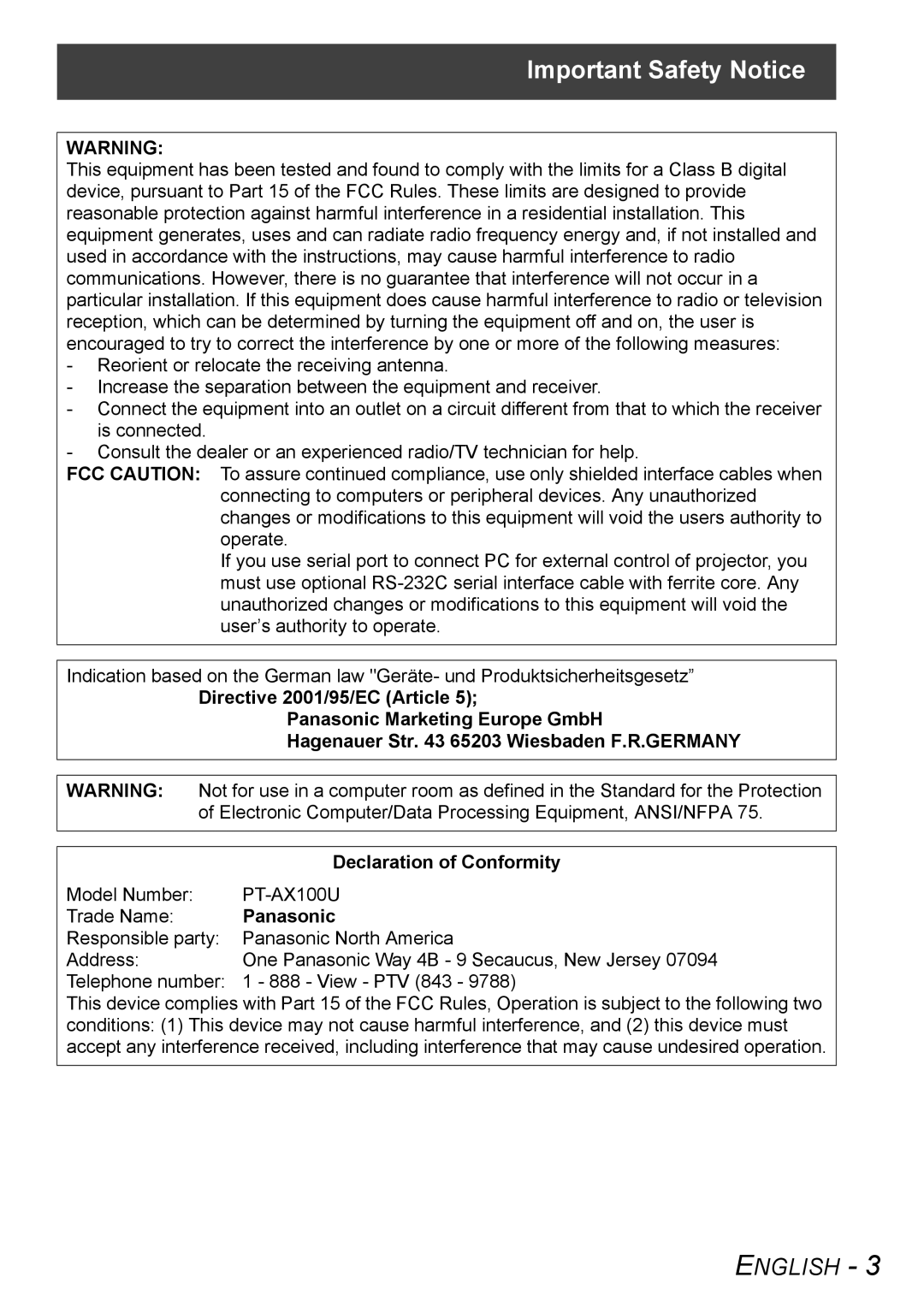 Panasonic PT-AX100U manual Important Safety Notice, Panasonic 