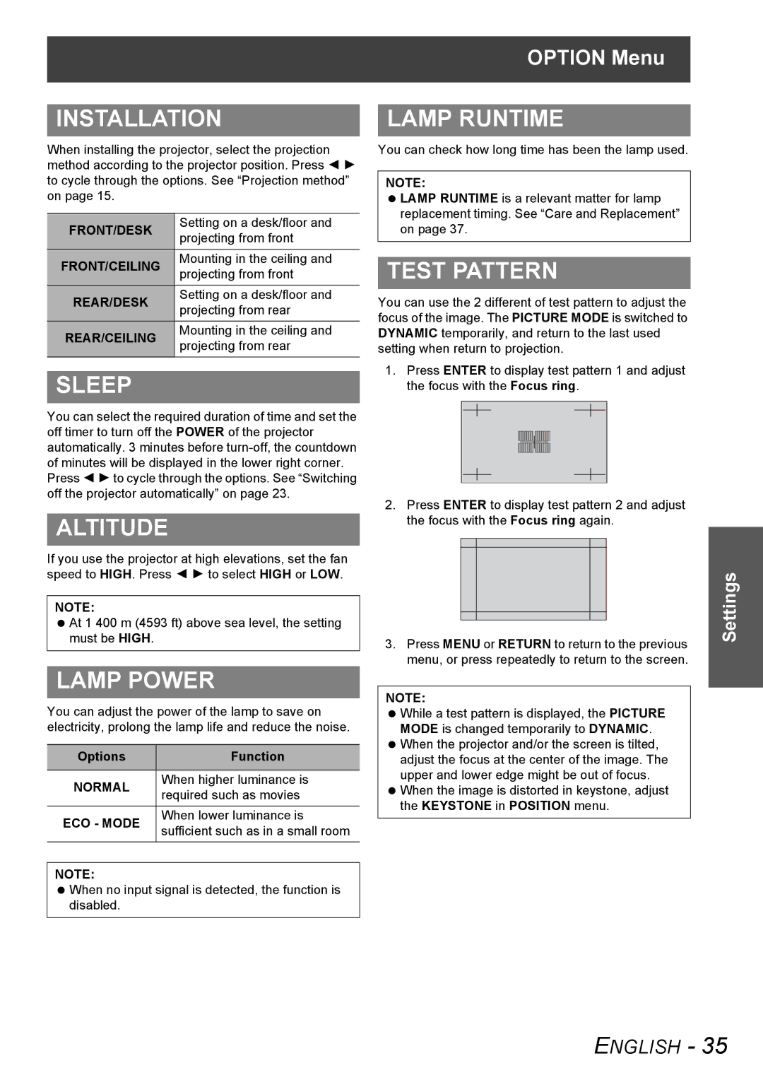 Panasonic PT-AX100U manual Installation, Sleep, Altitude, Lamp Power, Lamp Runtime, Test Pattern 