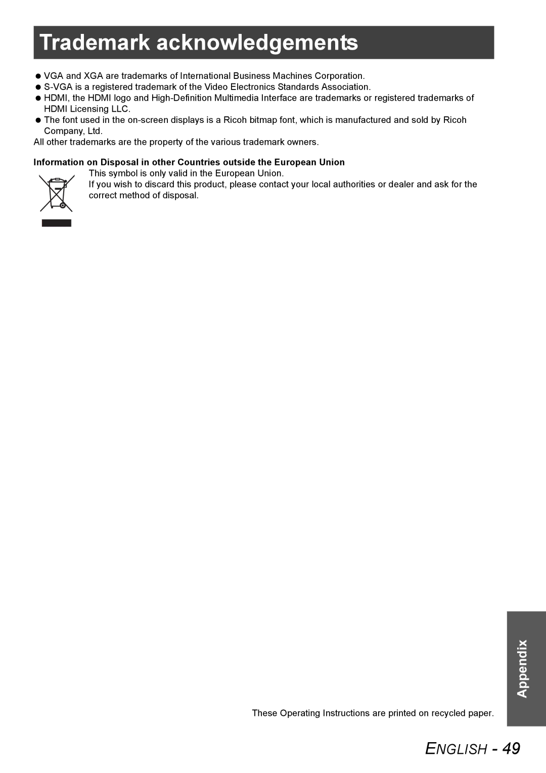 Panasonic PT-AX100U manual Trademark acknowledgements 