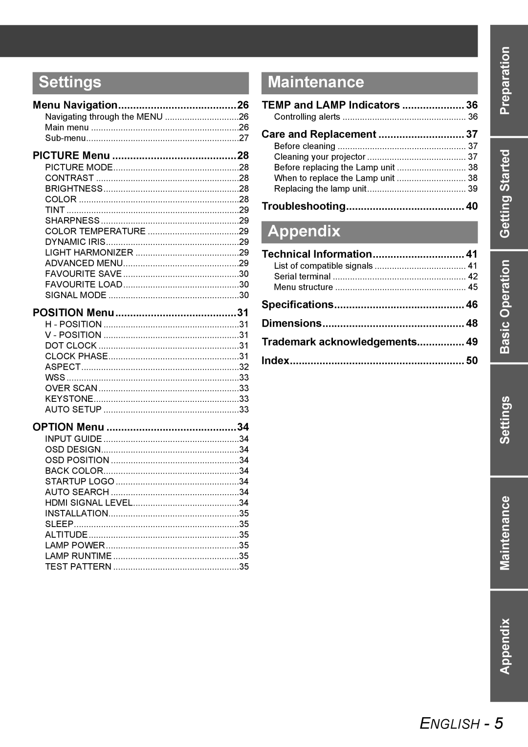 Panasonic PT-AX100U manual Settings, Maintenance, Appendix 