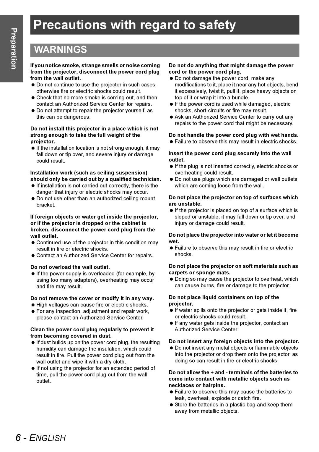 Panasonic PT-AX100U manual Precautions with regard to safety 