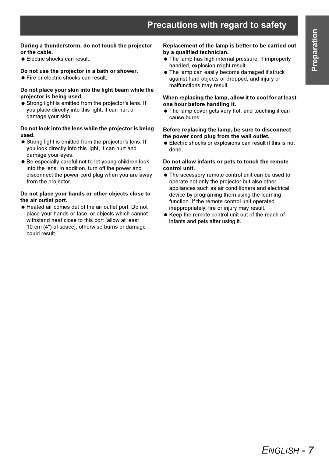 Panasonic PT-AX100U manual Precautions with regard to safety, Do not look into the lens while the projector is being used 