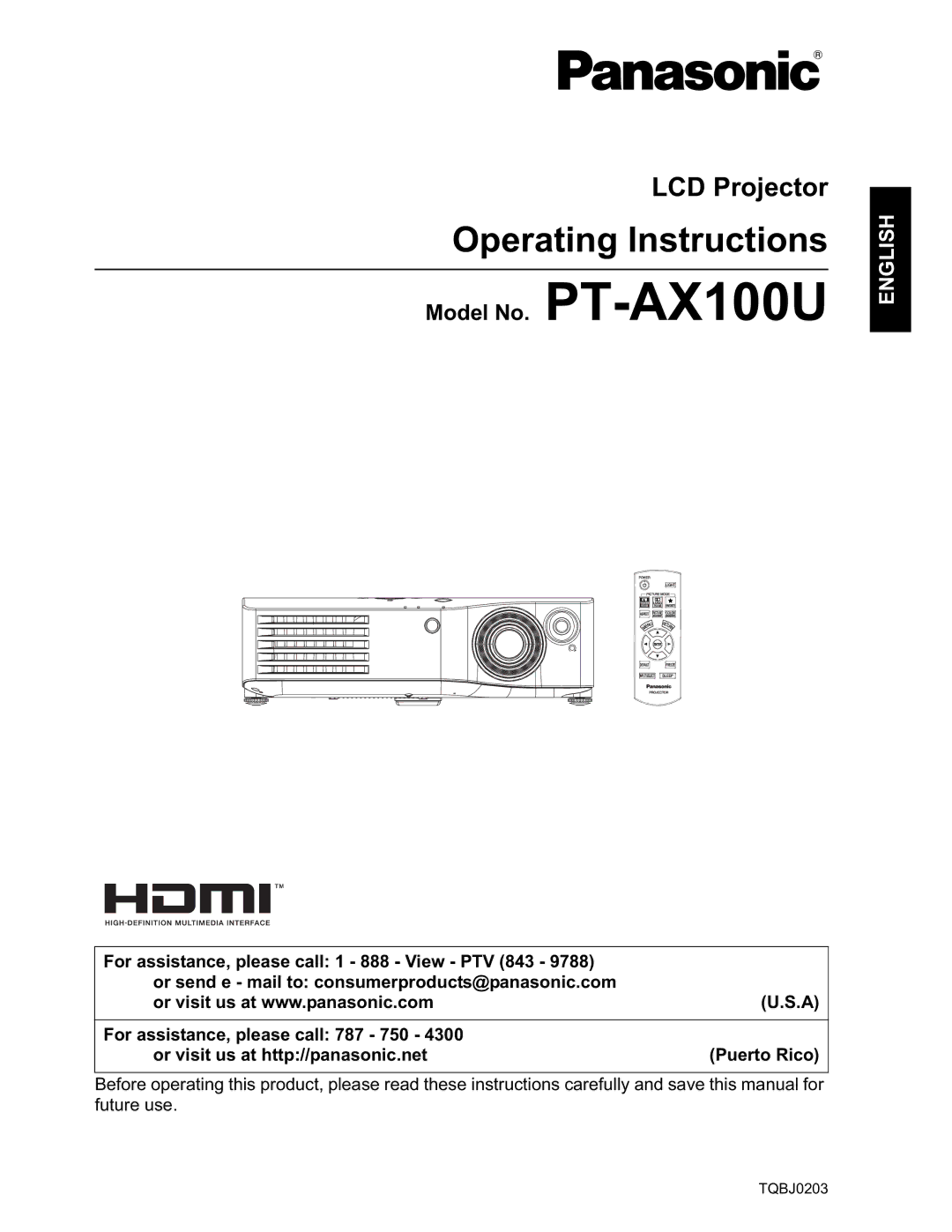 Panasonic PT-AX100U manual Operating Instructions 