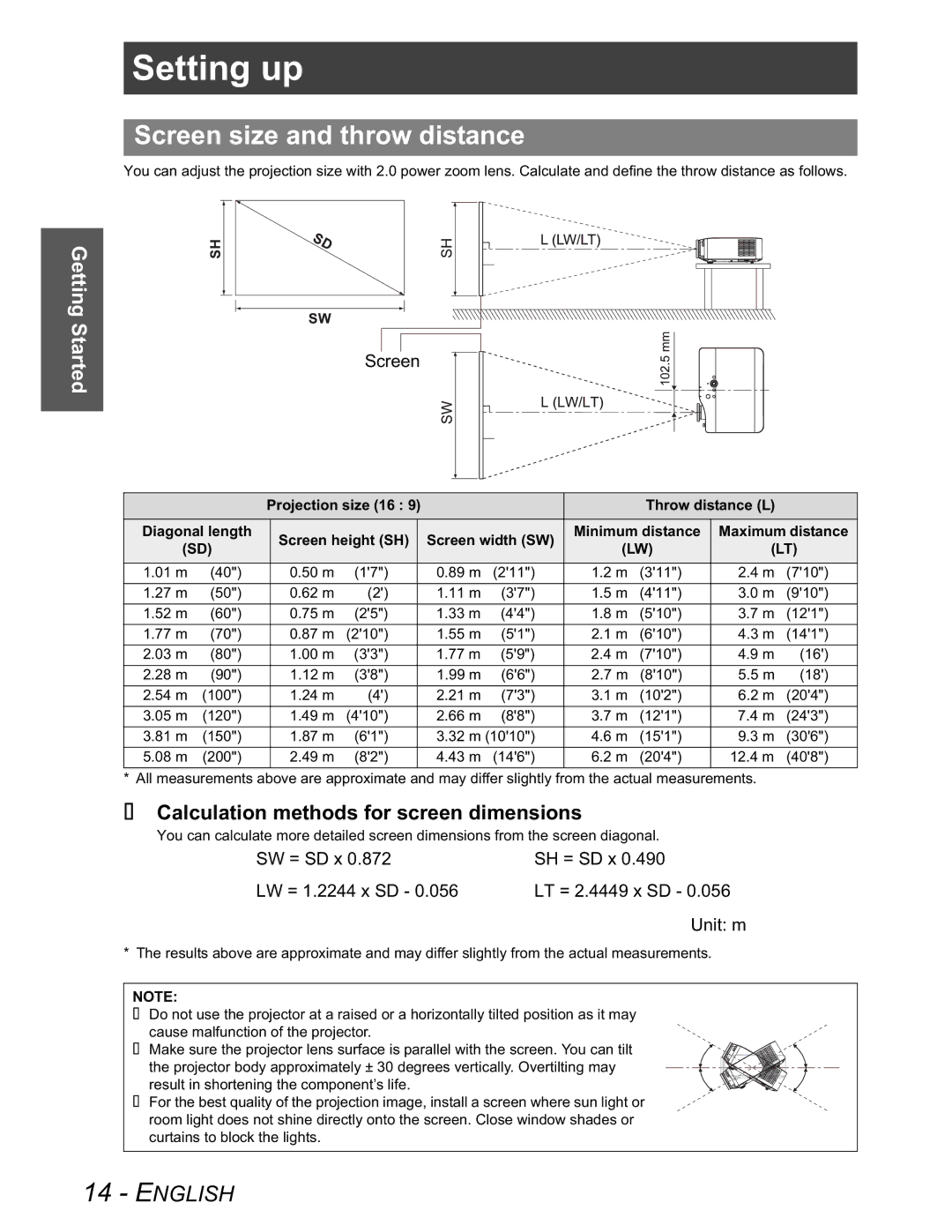 Panasonic PT-AX100U manual Setting up, Screen size and throw distance, Calculation methods for screen dimensions 