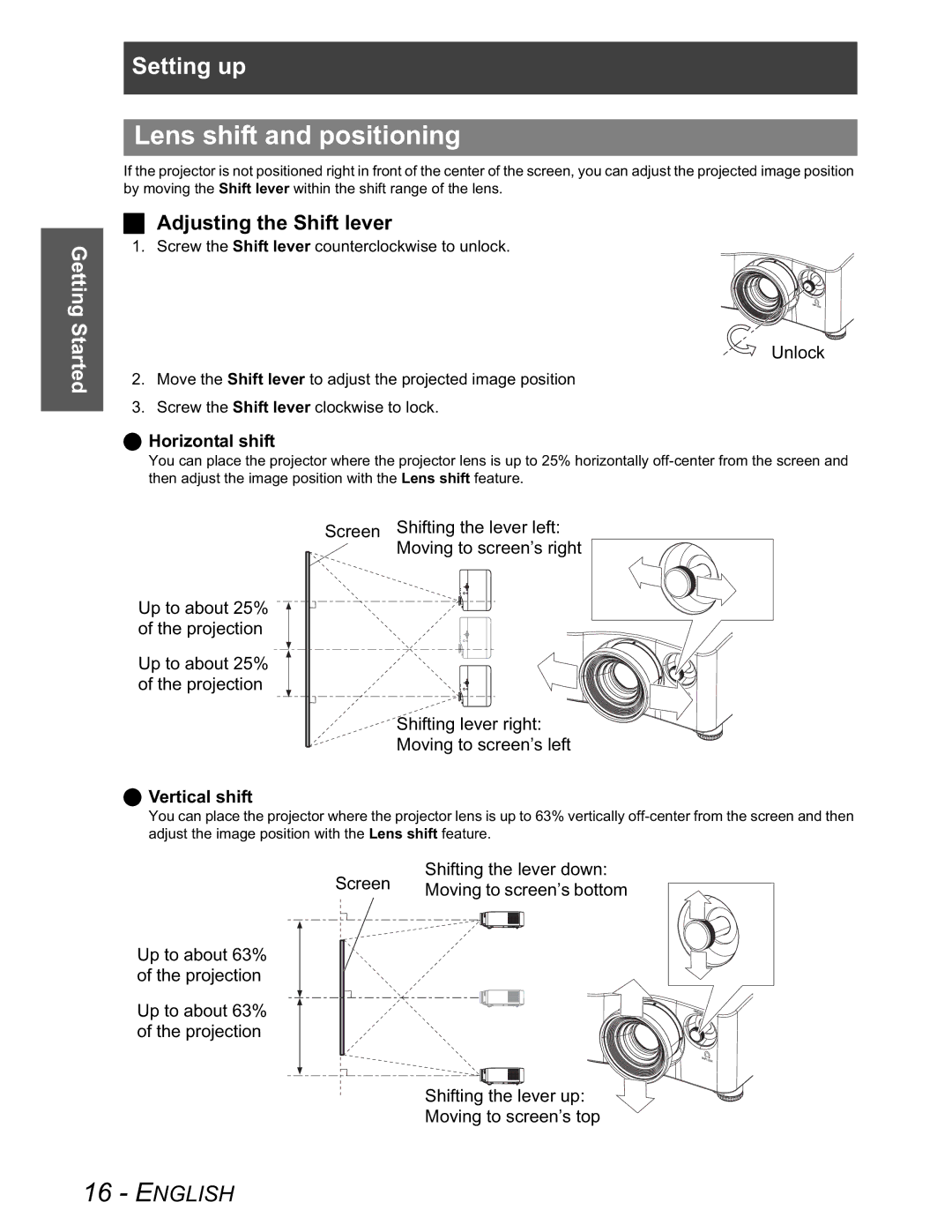 Panasonic PT-AX100U manual Lens shift and positioning, Adjusting the Shift lever, Horizontal shift, Vertical shift 