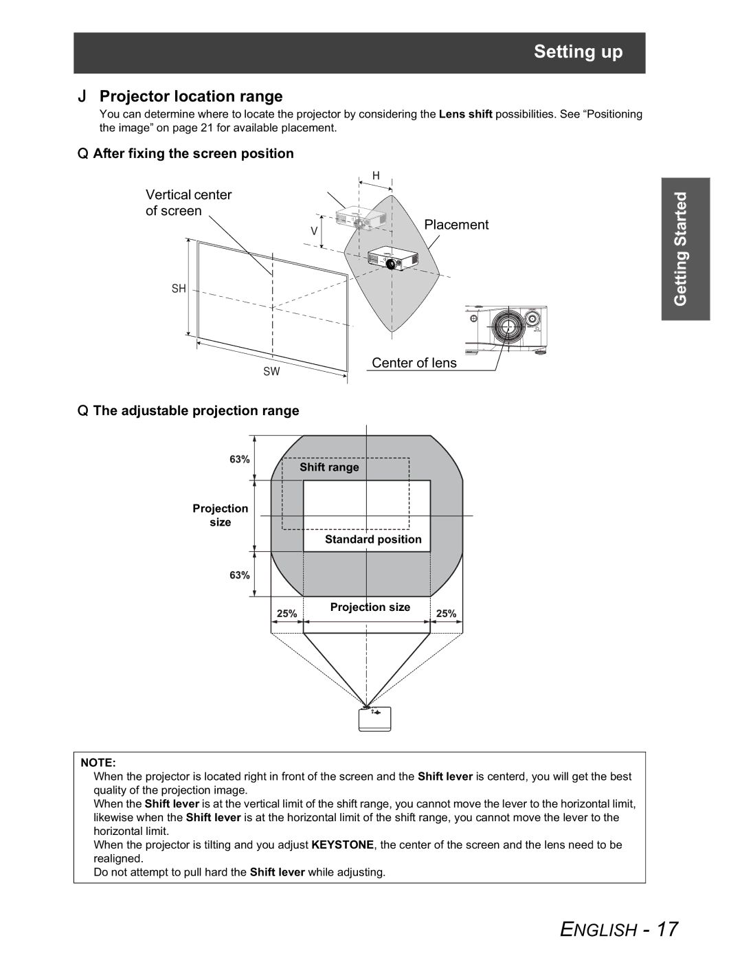 Panasonic PT-AX100U manual Projector location range, After fixing the screen position, Adjustable projection range 