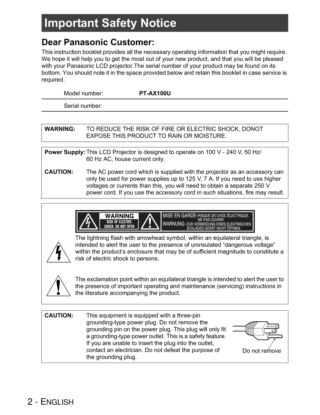 Panasonic PT-AX100U manual Important Safety Notice, Dear Panasonic Customer 