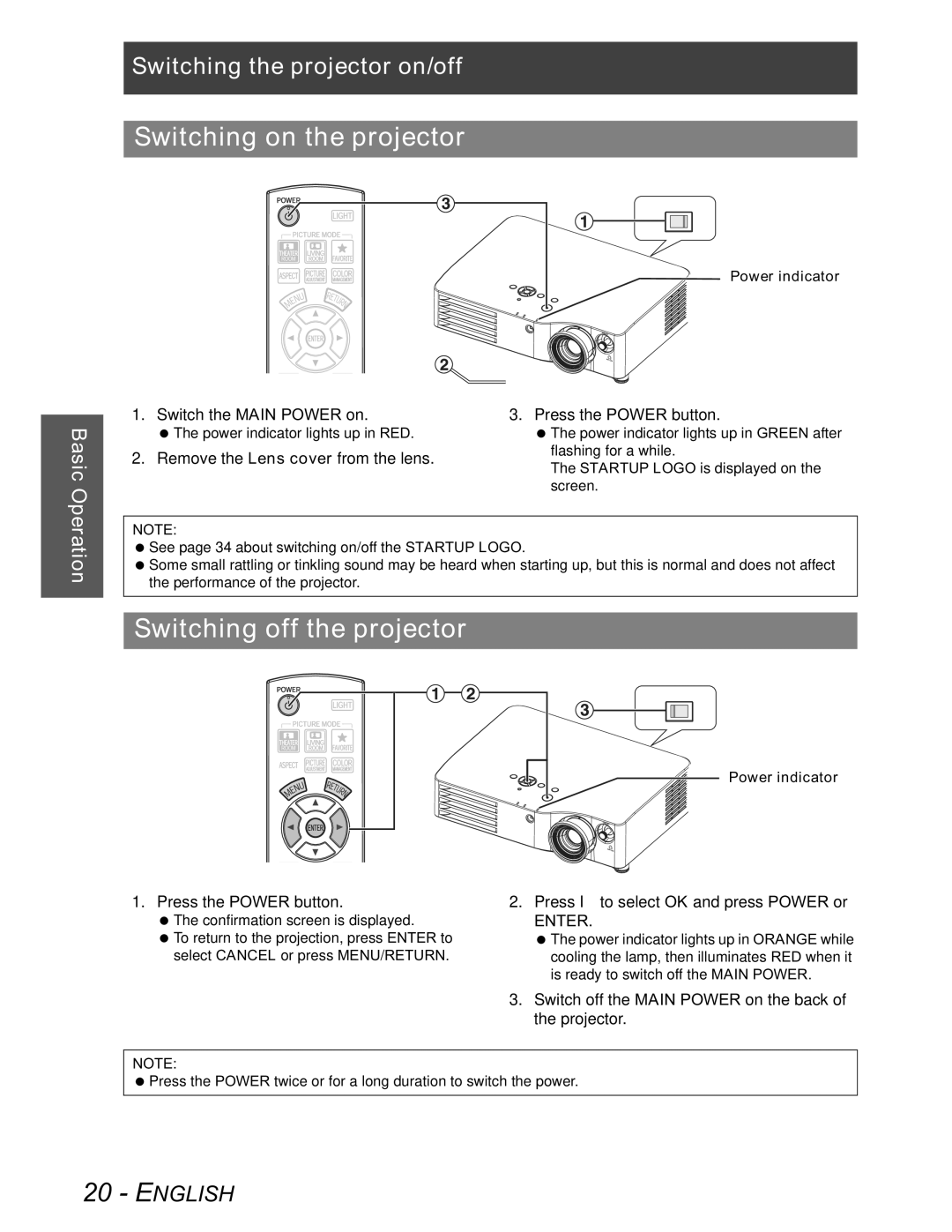 Panasonic PT-AX100U manual Switching on the projector, Switching off the projector, Power indicator 