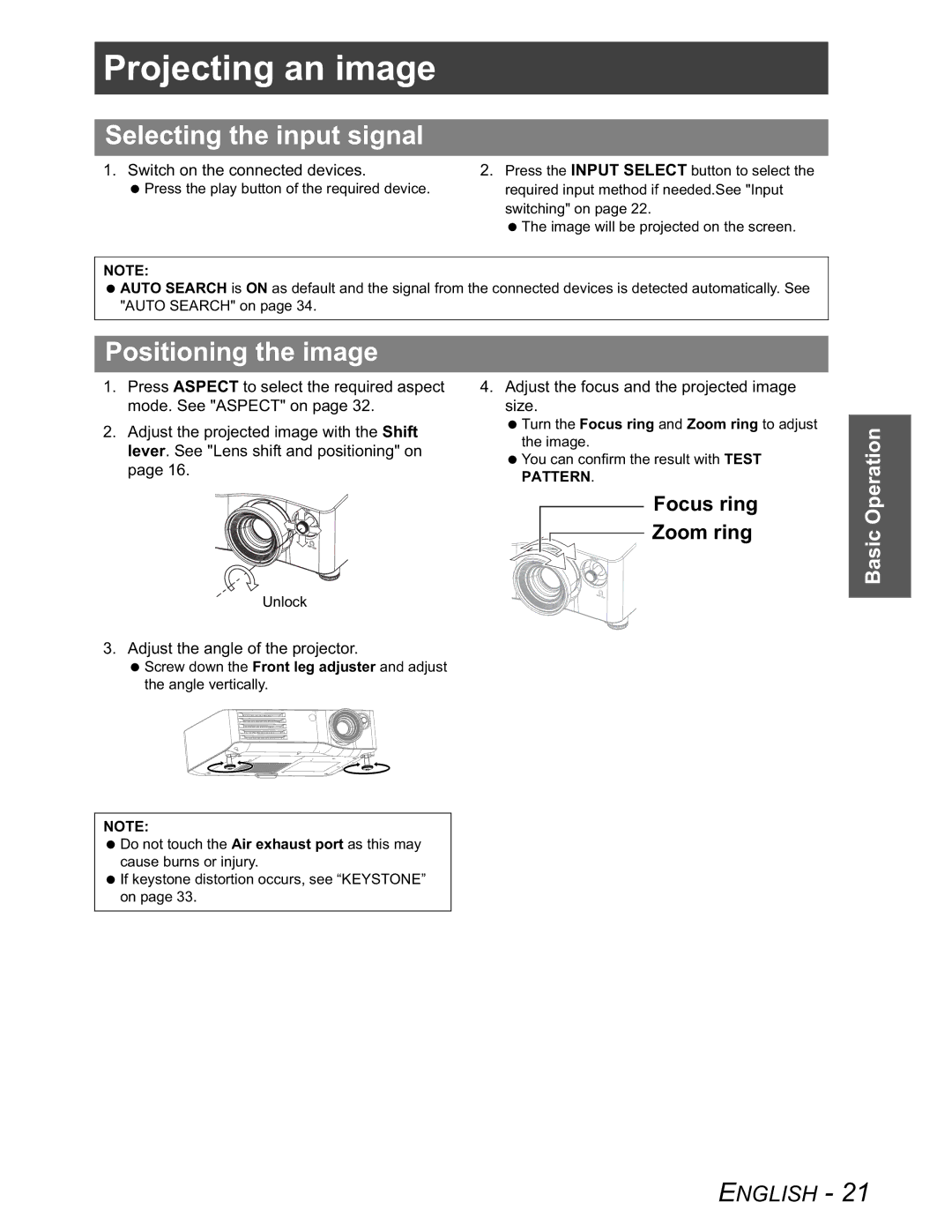 Panasonic PT-AX100U manual Projecting an image, Selecting the input signal, Positioning the image, Focus ring Zoom ring 