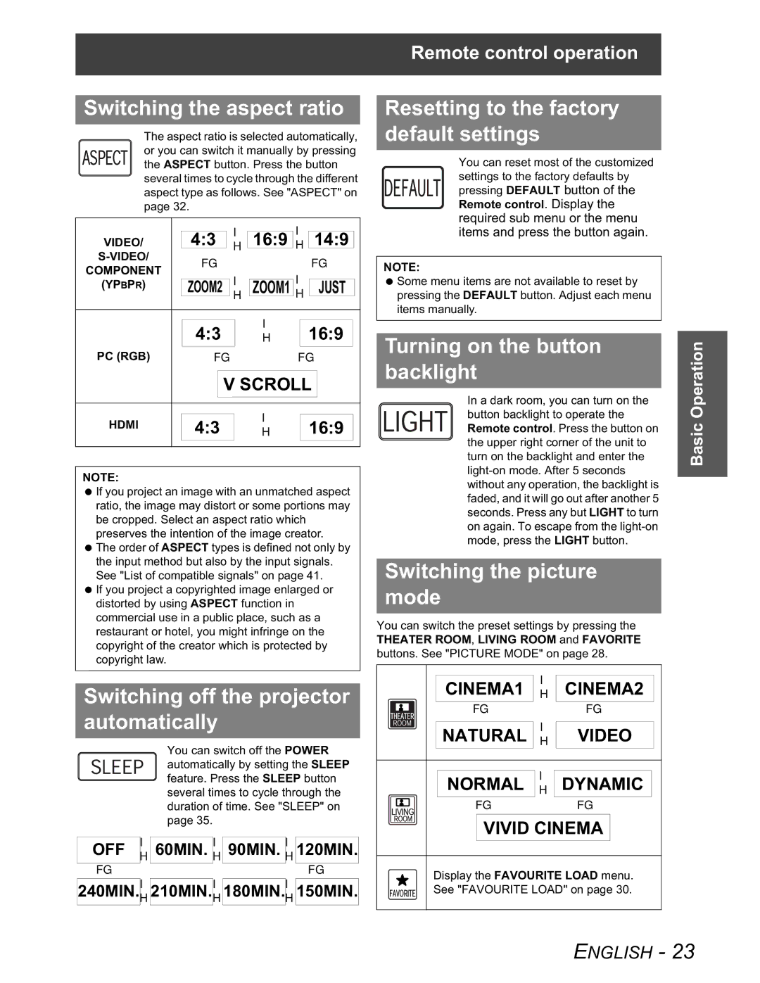 Panasonic PT-AX100U Switching the aspect ratio, Switching off the projector automatically, Turning on the button backlight 