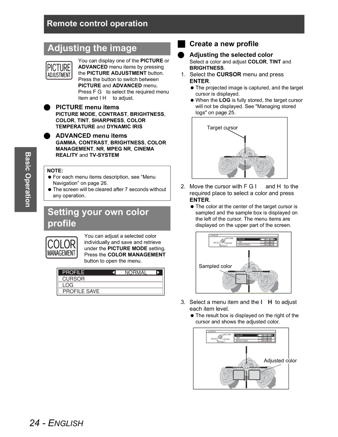 Panasonic PT-AX100U manual Adjusting the image, Setting your own color profile, Create a new profile 