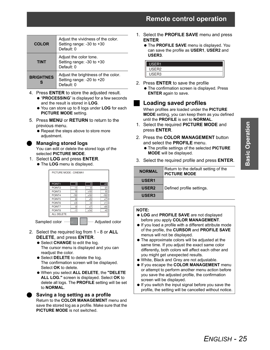 Panasonic PT-AX100U manual Loading saved profiles, Managing stored logs, Saving a log setting as a profile 