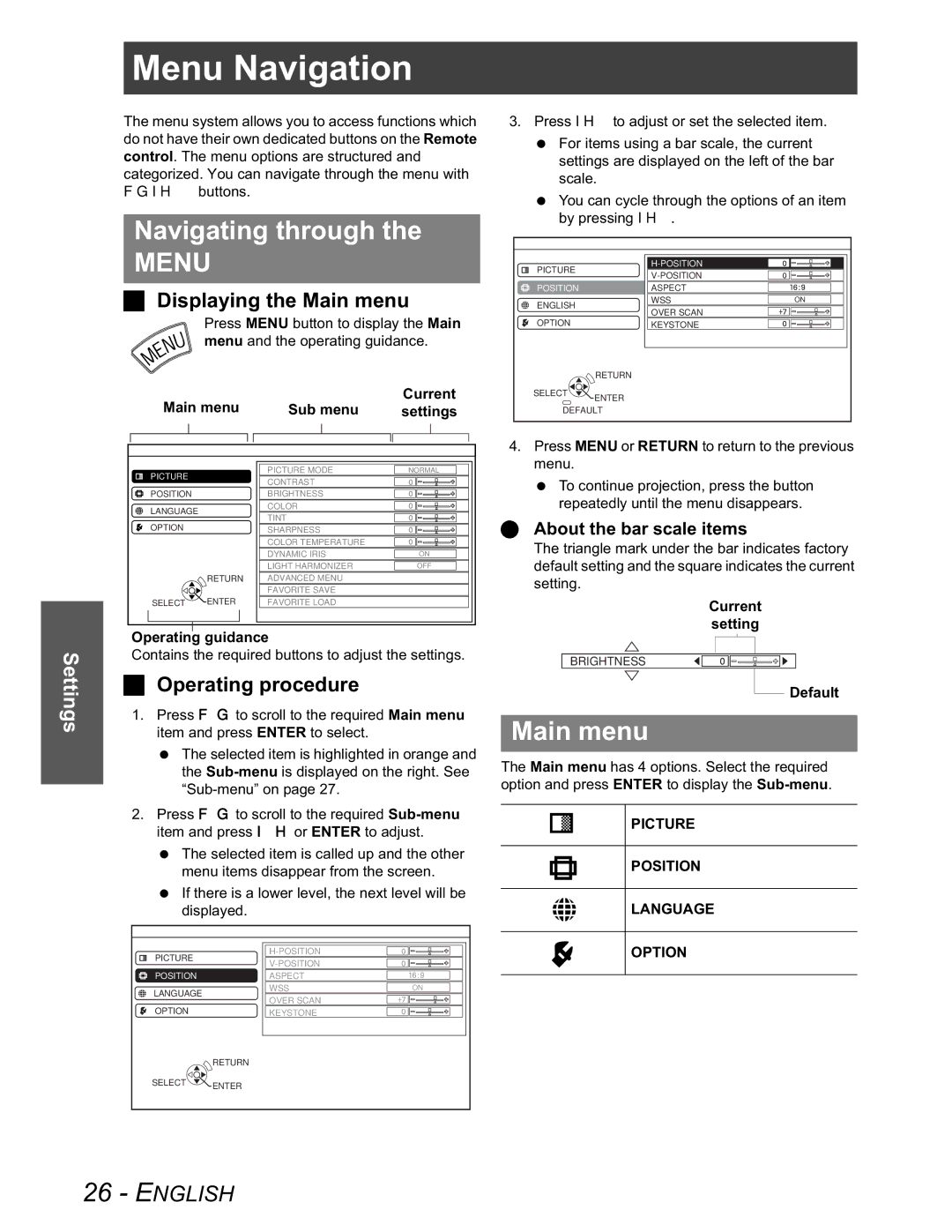 Panasonic PT-AX100U manual Menu Navigation, Navigating through, Main menu 