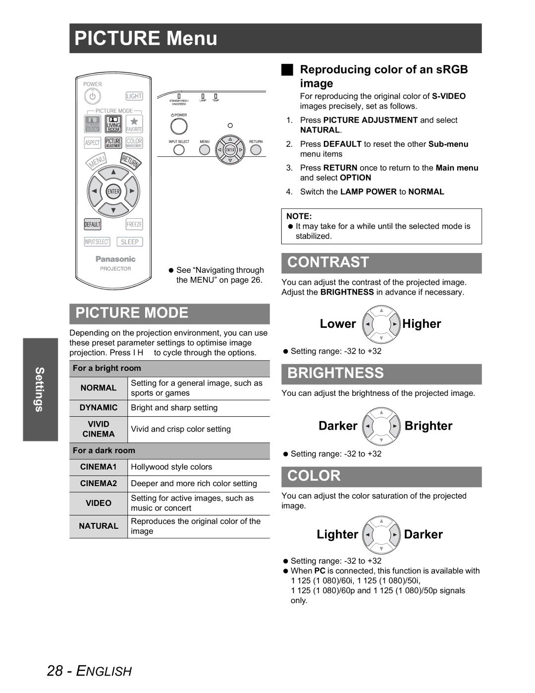 Panasonic PT-AX100U manual Picture Menu, Contrast, Picture Mode, Brightness, Color 