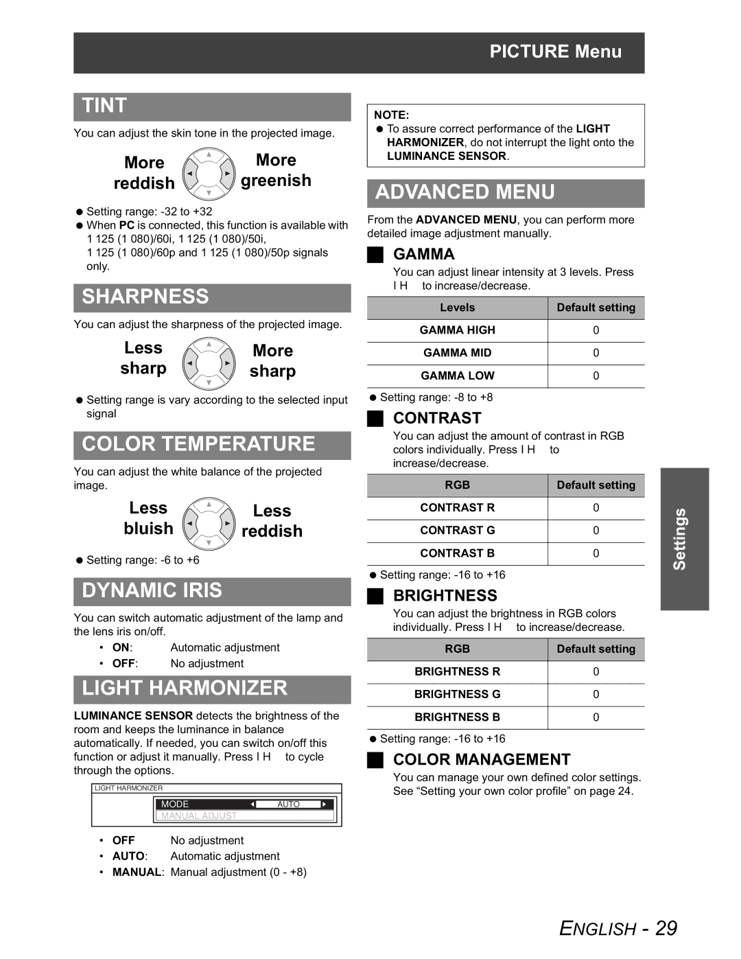 Panasonic PT-AX100U manual Tint, Sharpness, Color Temperature, Dynamic Iris, Light Harmonizer, Advanced Menu 