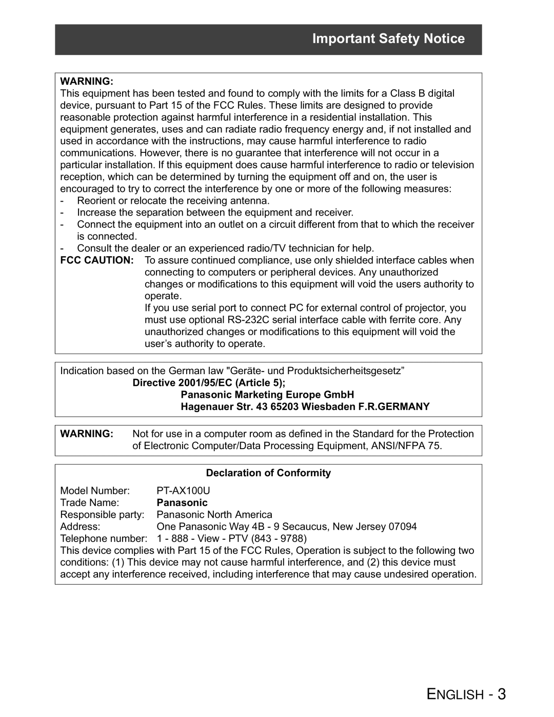 Panasonic PT-AX100U manual Important Safety Notice, Panasonic 