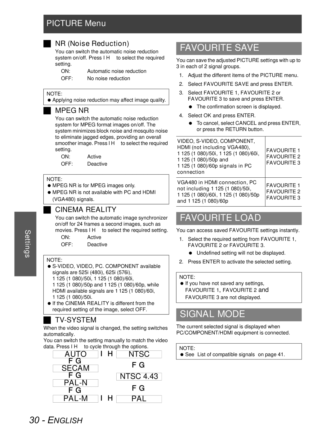 Panasonic PT-AX100U manual Favourite Save, Favourite Load, Signal Mode, NR Noise Reduction 