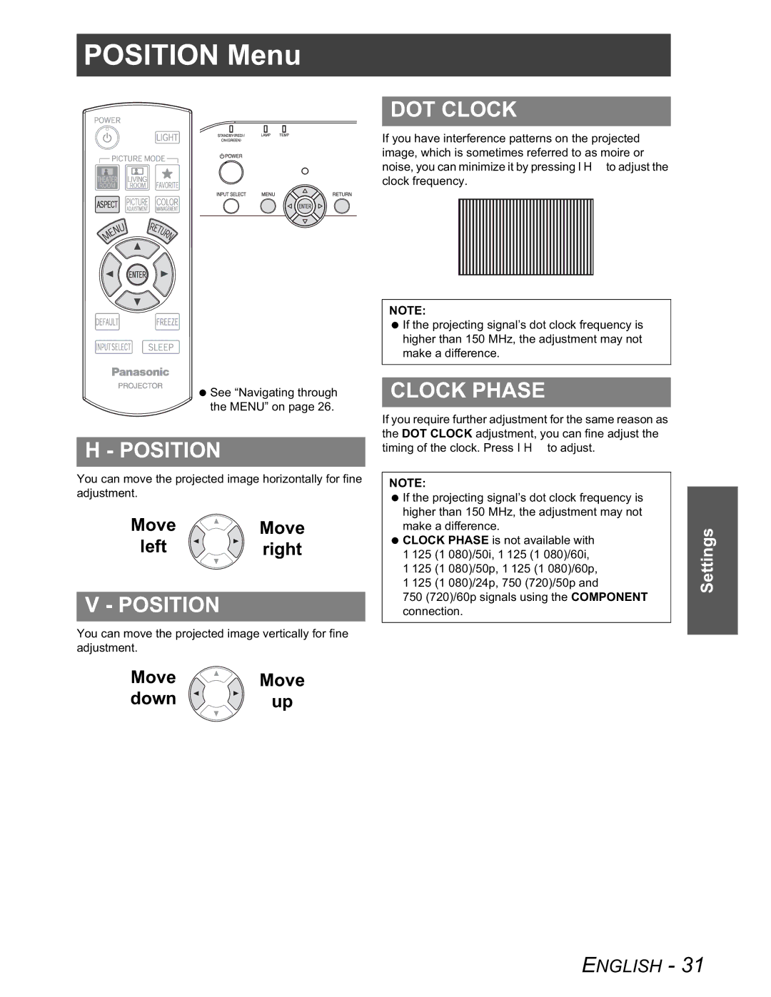 Panasonic PT-AX100U manual Position Menu, DOT Clock, Clock Phase 