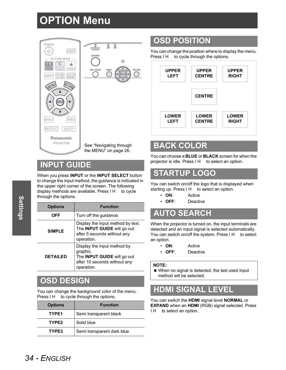 Panasonic PT-AX100U manual Option Menu 