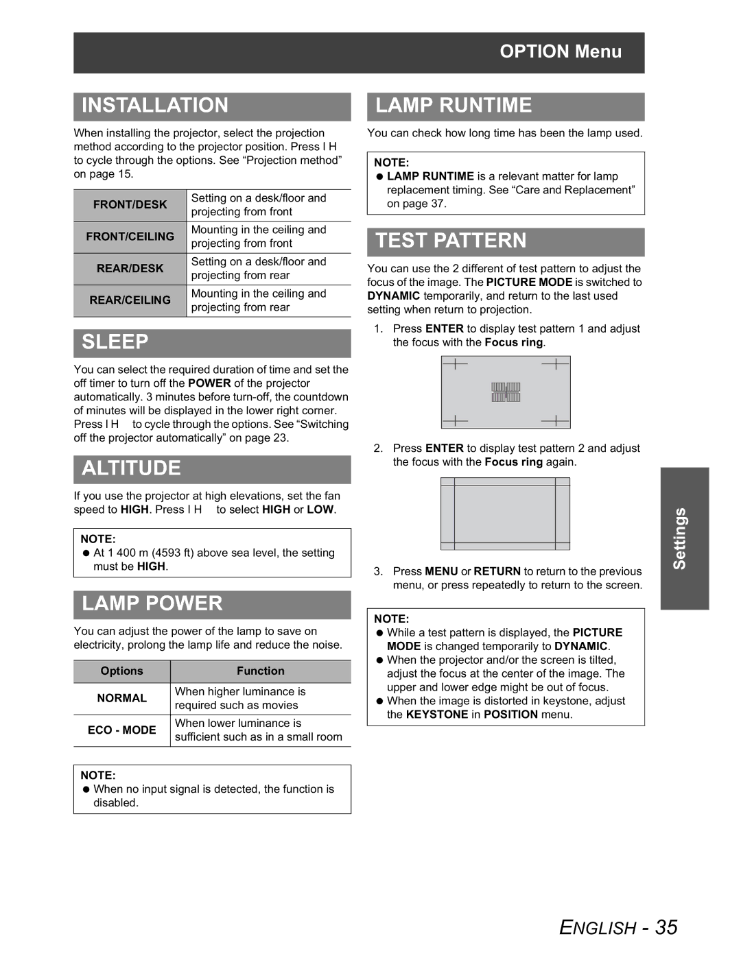 Panasonic PT-AX100U manual Installation, Sleep, Altitude, Lamp Power, Lamp Runtime, Test Pattern 