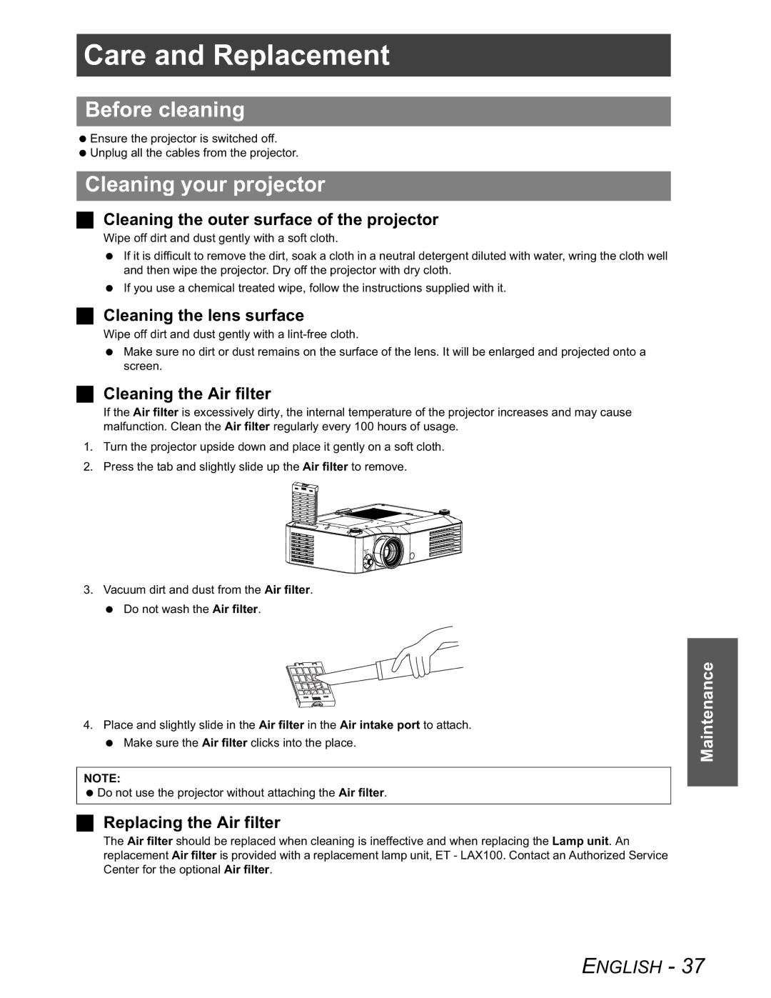 Panasonic PT-AX100U manual Care and Replacement, Before cleaning, Cleaning your projector 