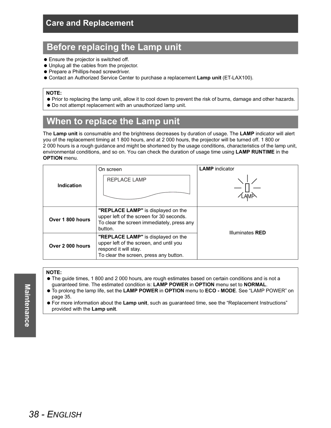 Panasonic PT-AX100U manual Before replacing the Lamp unit, When to replace the Lamp unit, Indication, Over 1 800 hours 