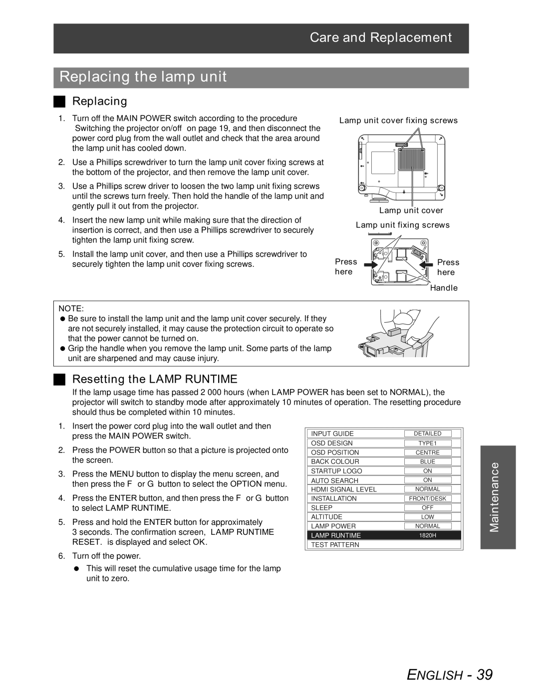 Panasonic PT-AX100U manual Replacing the lamp unit, Resetting the Lamp Runtime 