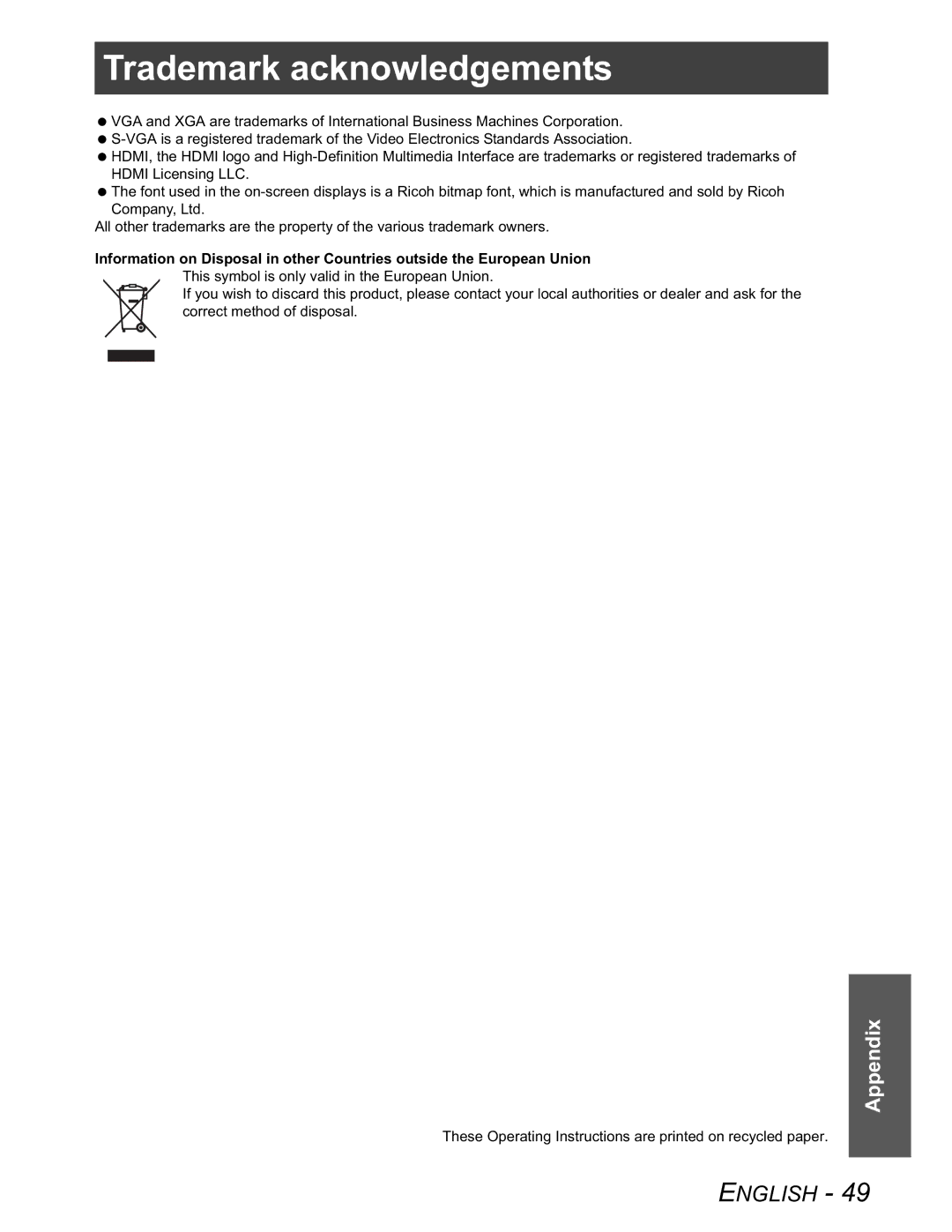 Panasonic PT-AX100U manual Trademark acknowledgements 