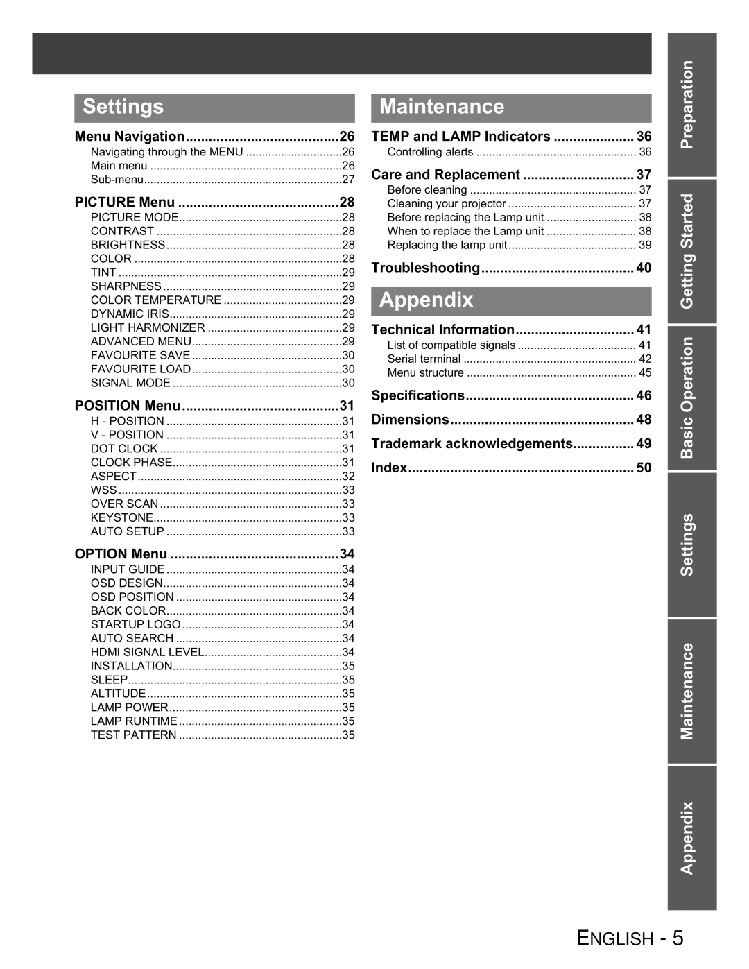 Panasonic PT-AX100U manual Settings, Maintenance, Appendix 