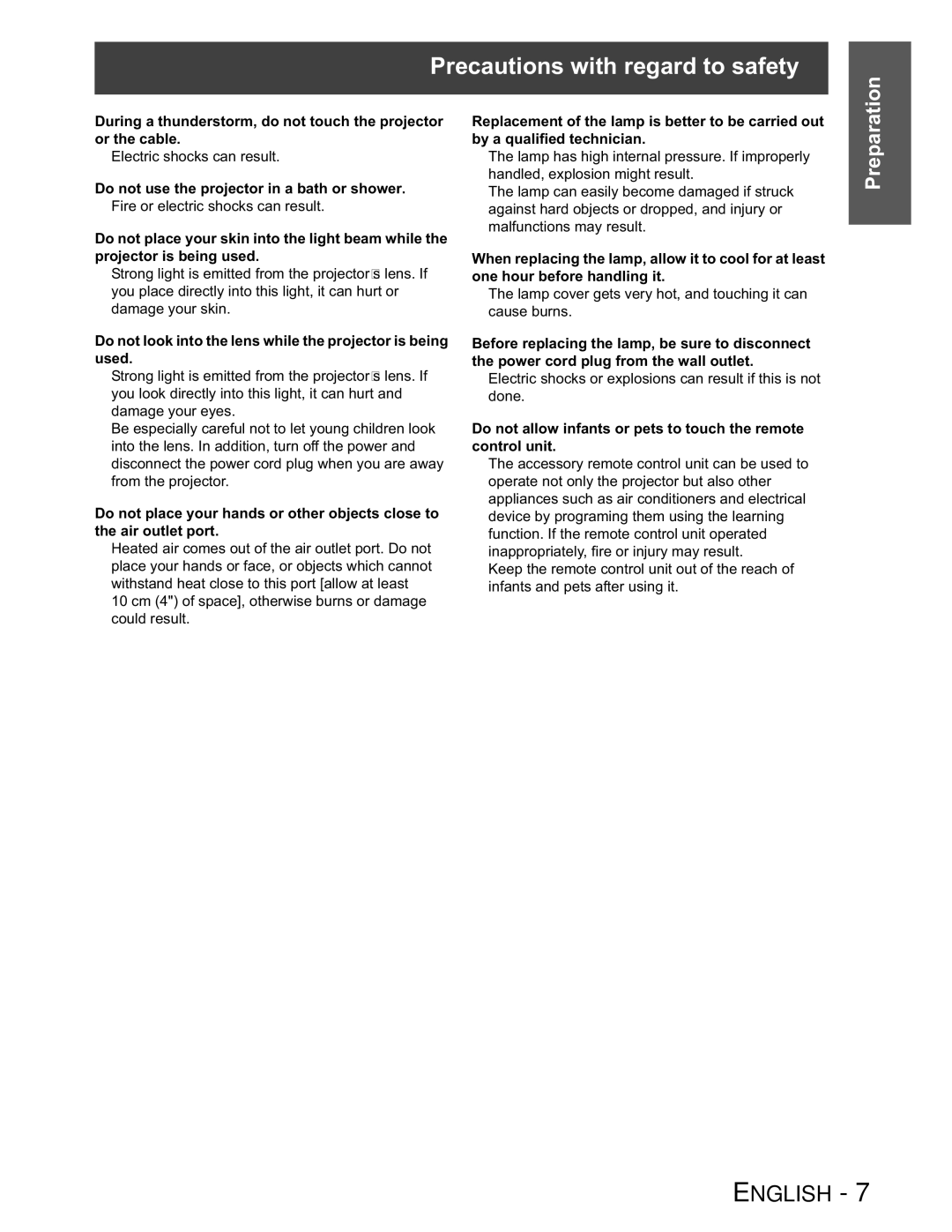 Panasonic PT-AX100U manual Precautions with regard to safety, Do not look into the lens while the projector is being used 