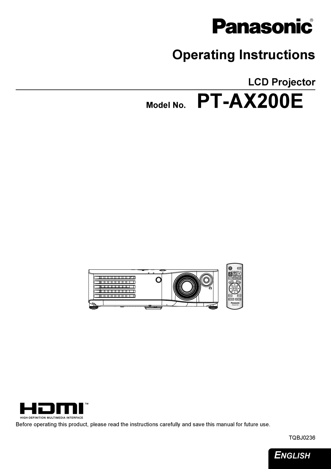 Panasonic PT-AX200E manual Operating Instructions 