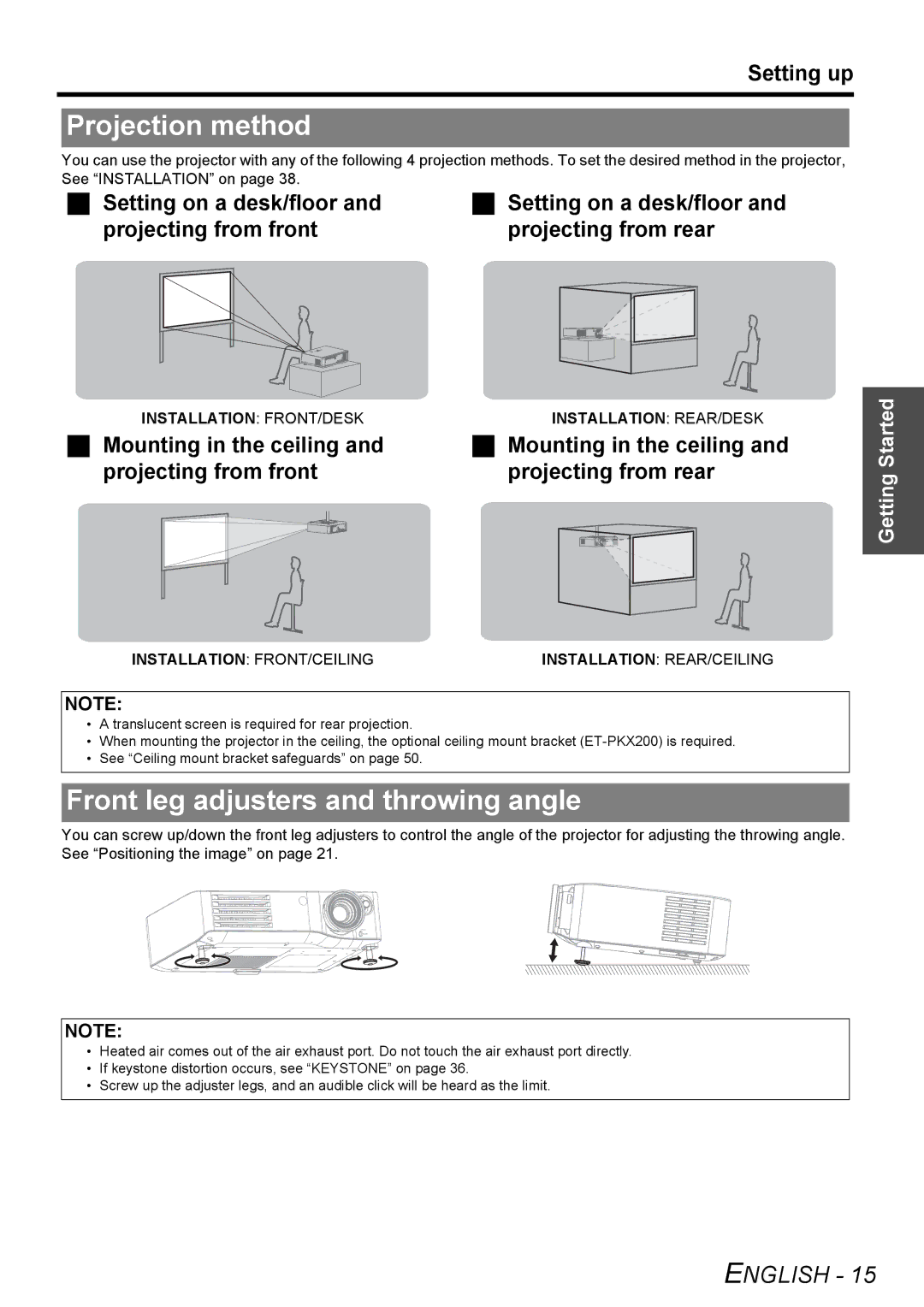 Panasonic PT-AX200E manual Projection method, Front leg adjusters and throwing angle, Setting up 