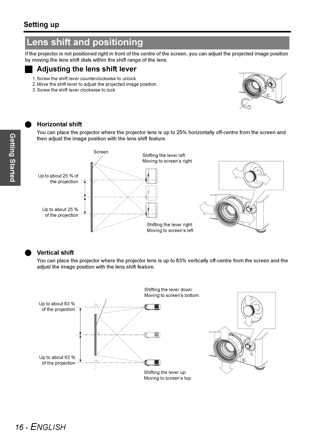 Panasonic PT-AX200E manual Lens shift and positioning, Adjusting the lens shift lever, Horizontal shift, Vertical shift 