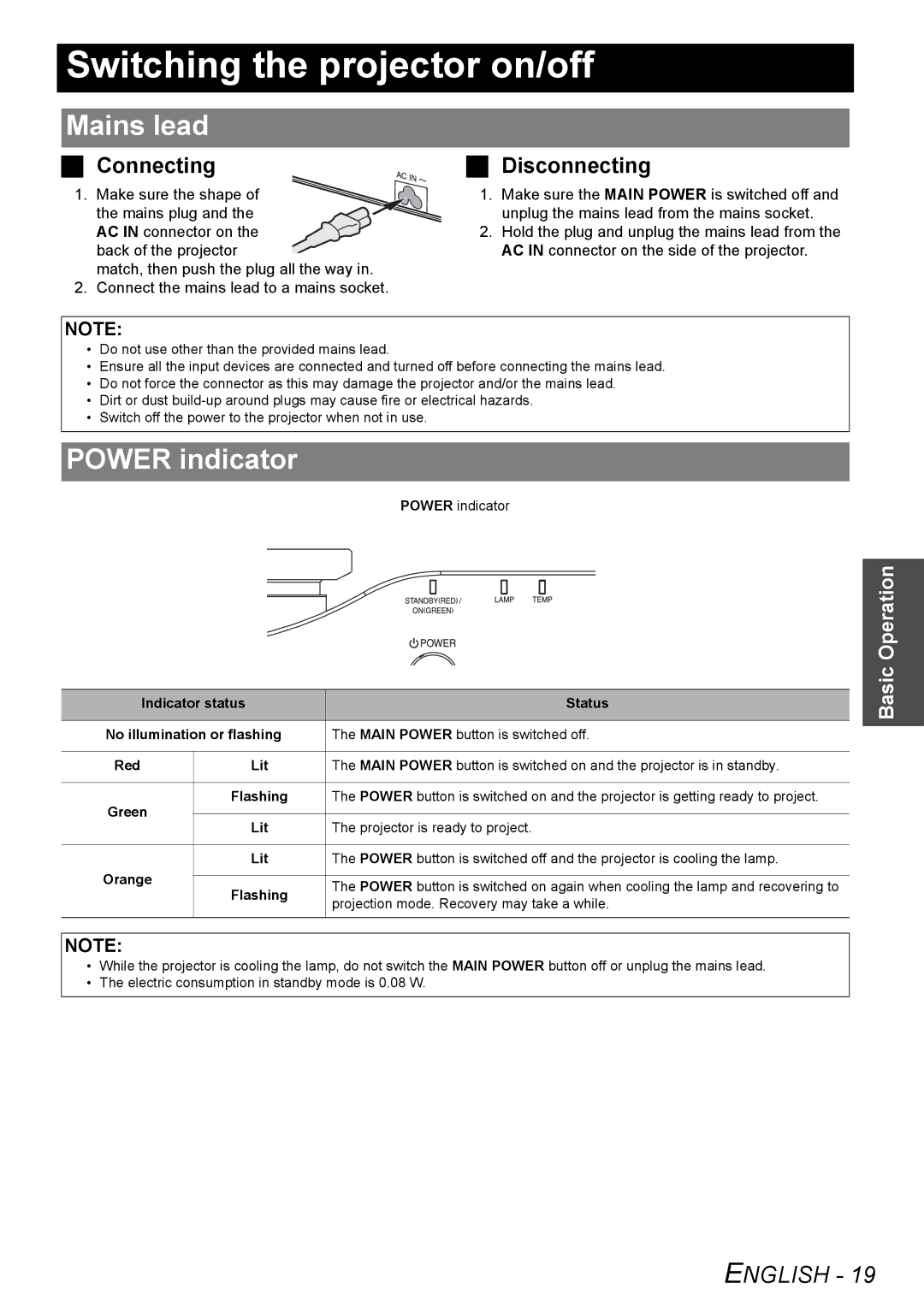 Panasonic PT-AX200E manual Switching the projector on/off, Mains lead, Power indicator, Connecting 