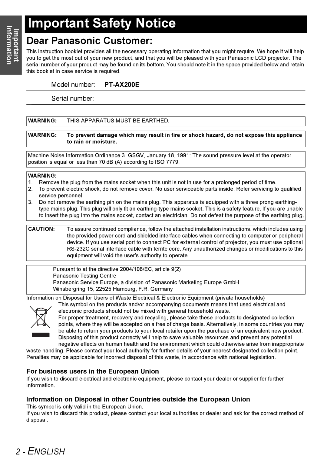 Panasonic PT-AX200E Important Safety Notice, For business users in the European Union, This Apparatus Must be Earthed 