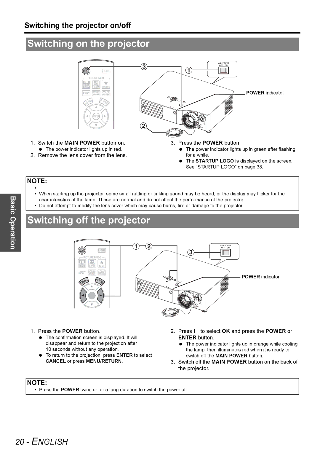 Panasonic PT-AX200E manual Switching on the projector, Switching off the projector, Switching the projector on/off 