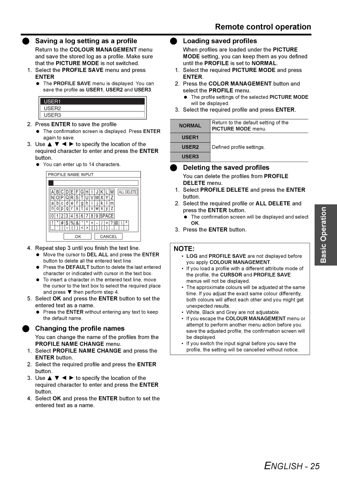 Panasonic PT-AX200E manual Saving a log setting as a profile, Changing the profile names, Loading saved profiles, Enter 