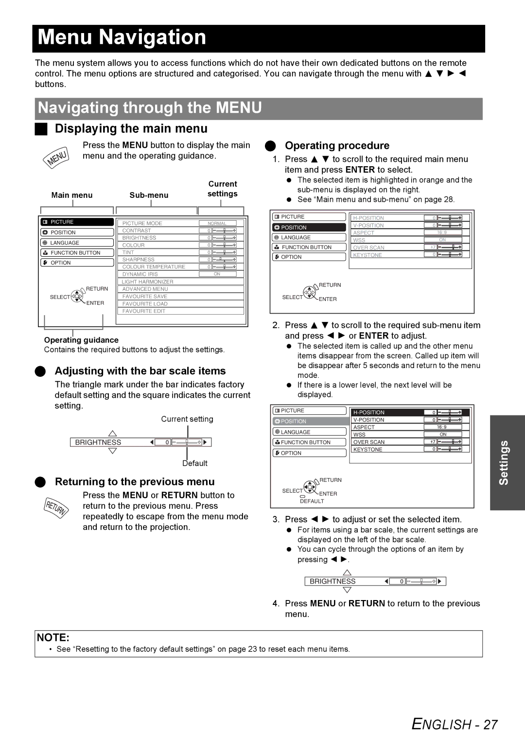 Panasonic PT-AX200E manual Menu Navigation, Navigating through the Menu, Displaying the main menu 