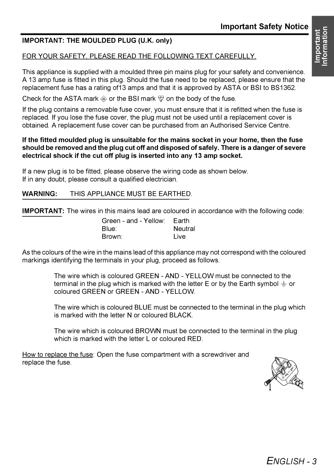 Panasonic PT-AX200E manual Important Safety Notice, Important the Moulded Plug U.K. only 