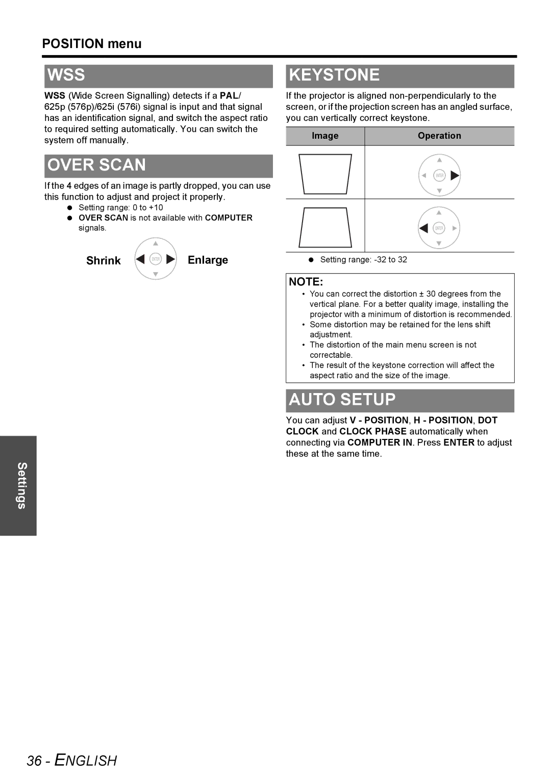 Panasonic PT-AX200E manual Wss, Over Scan, Keystone, Auto Setup, Position menu 