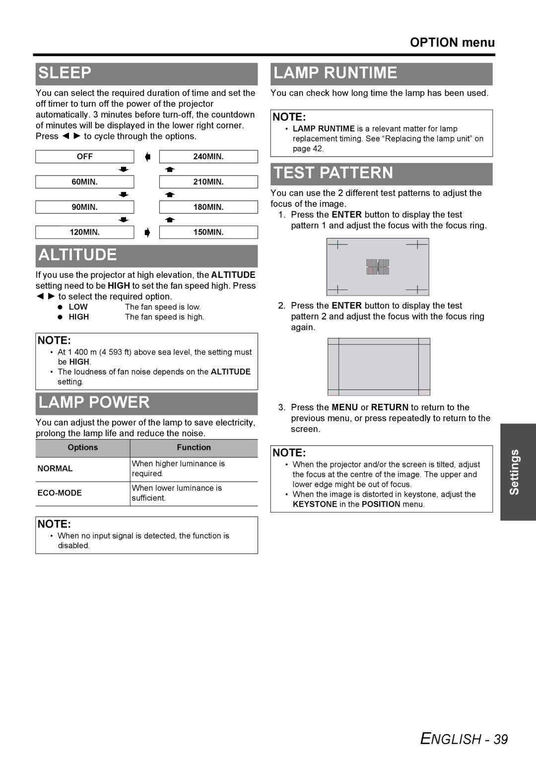 Panasonic PT-AX200E manual Sleep, Lamp Runtime, Test Pattern, Altitude, Lamp Power 