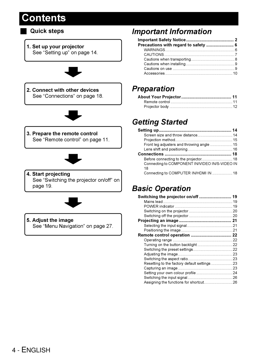 Panasonic PT-AX200E manual Contents 