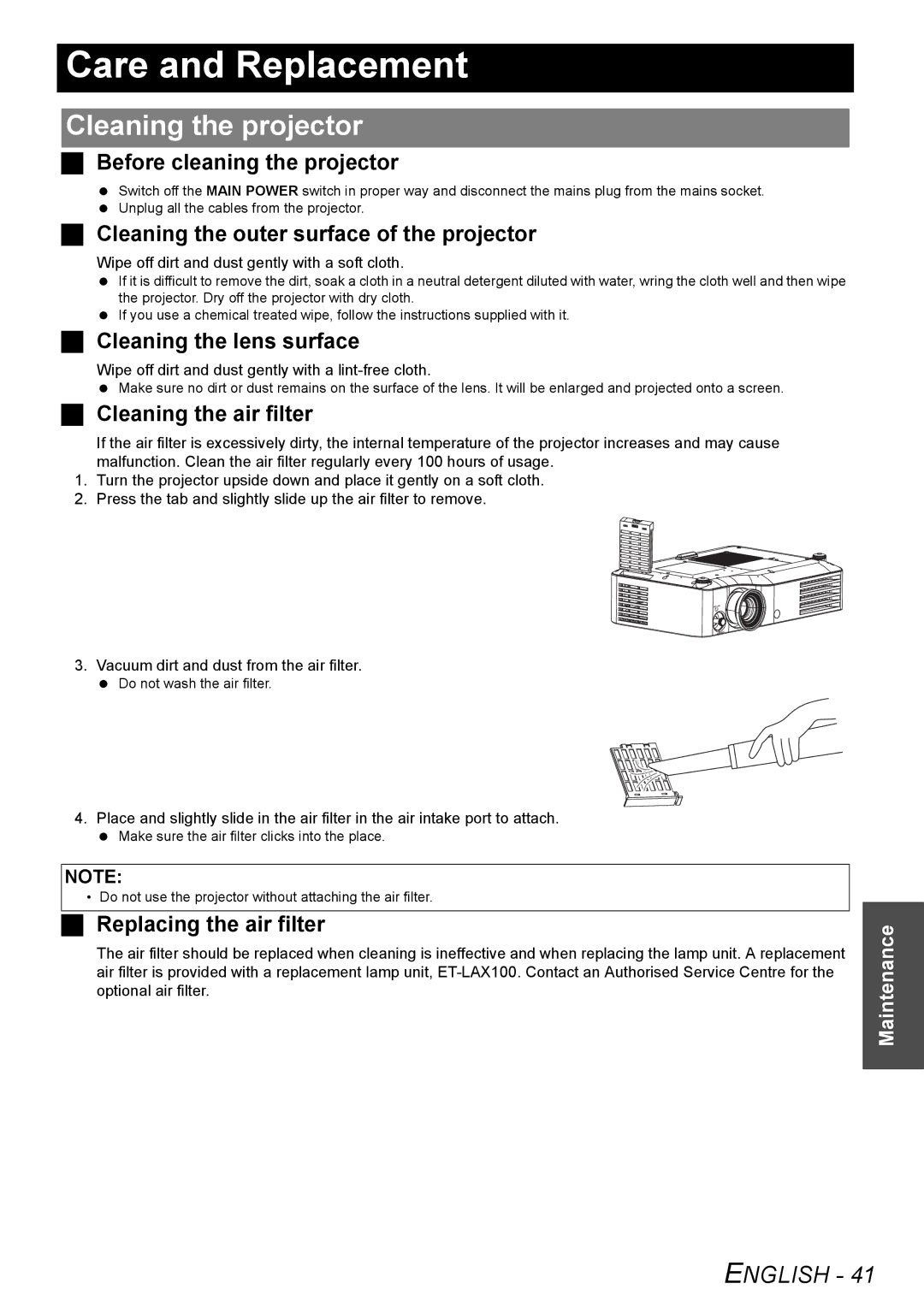 Panasonic PT-AX200E manual Care and Replacement, Cleaning the projector 