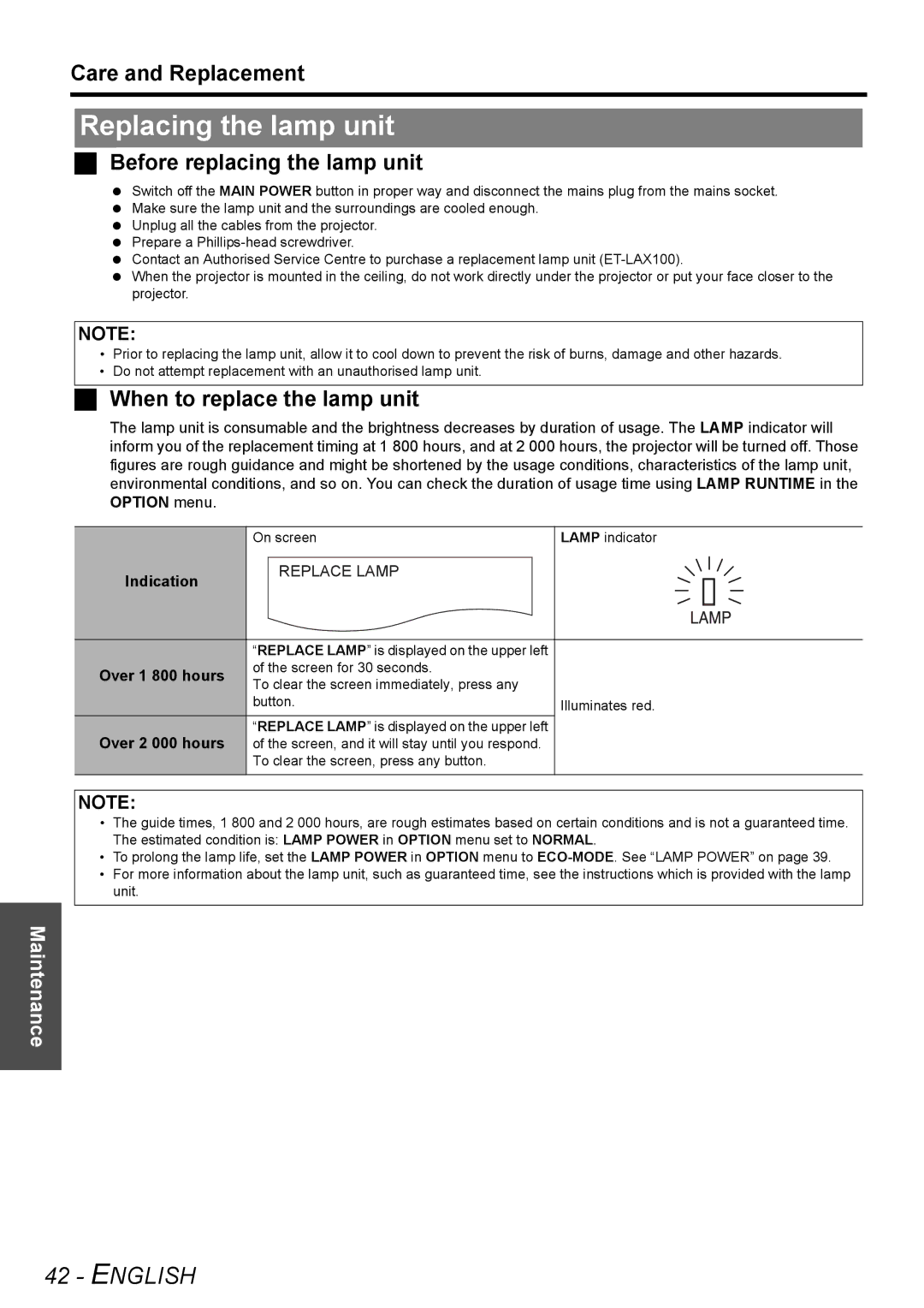 Panasonic PT-AX200E manual Replacing the lamp unit, Care and Replacement, Before replacing the lamp unit 