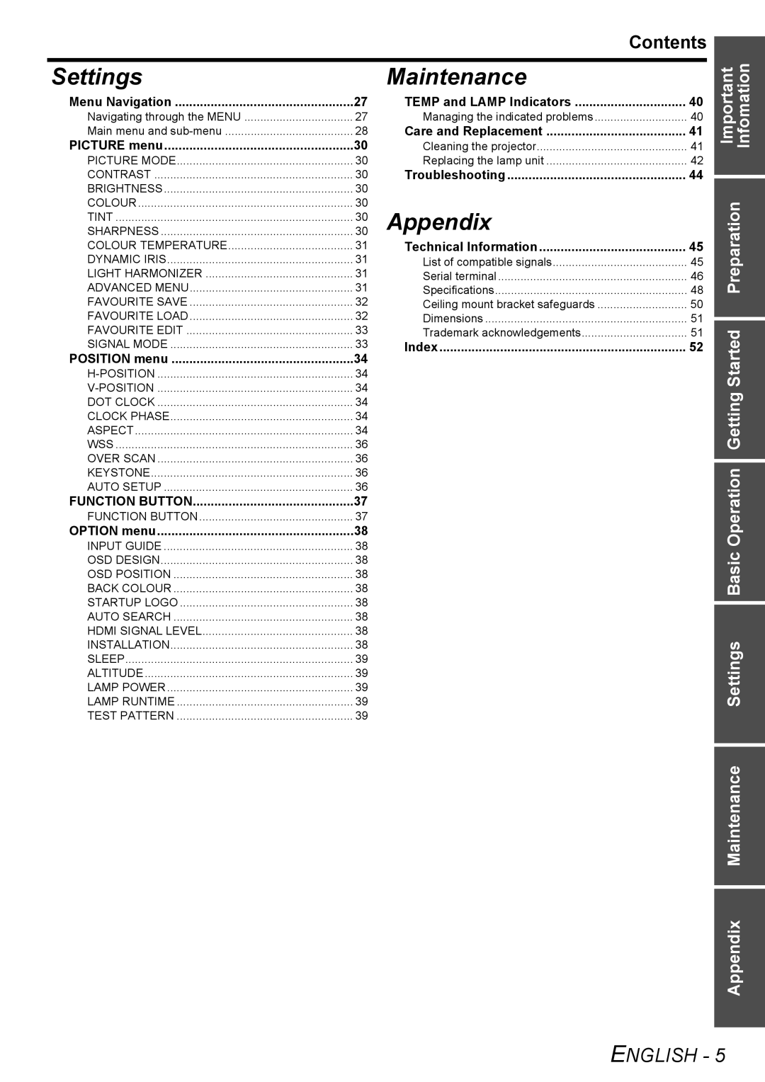 Panasonic PT-AX200E manual Contents, Menu Navigation, Picture menu, Position menu, Function Button 